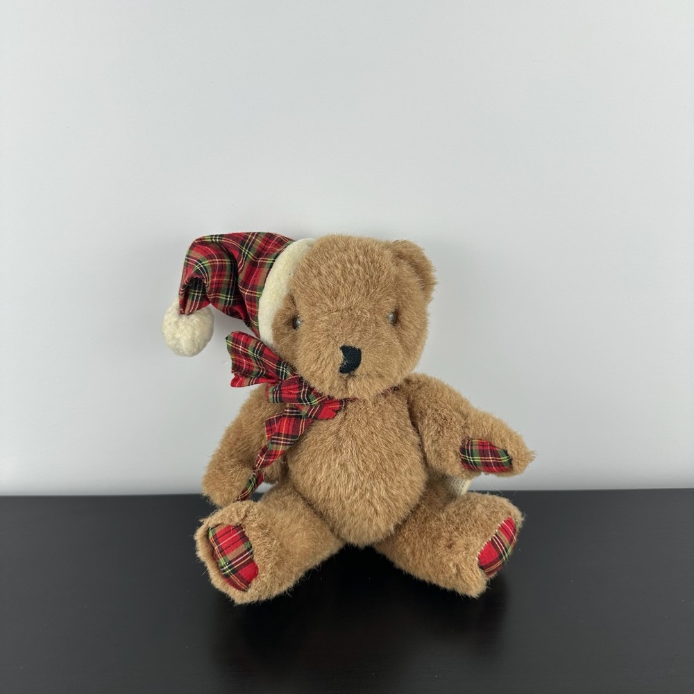 Best Made Toys Rare Jointed Christmas Teddy Bear 8” Brown Plush Santa Hat Scarf